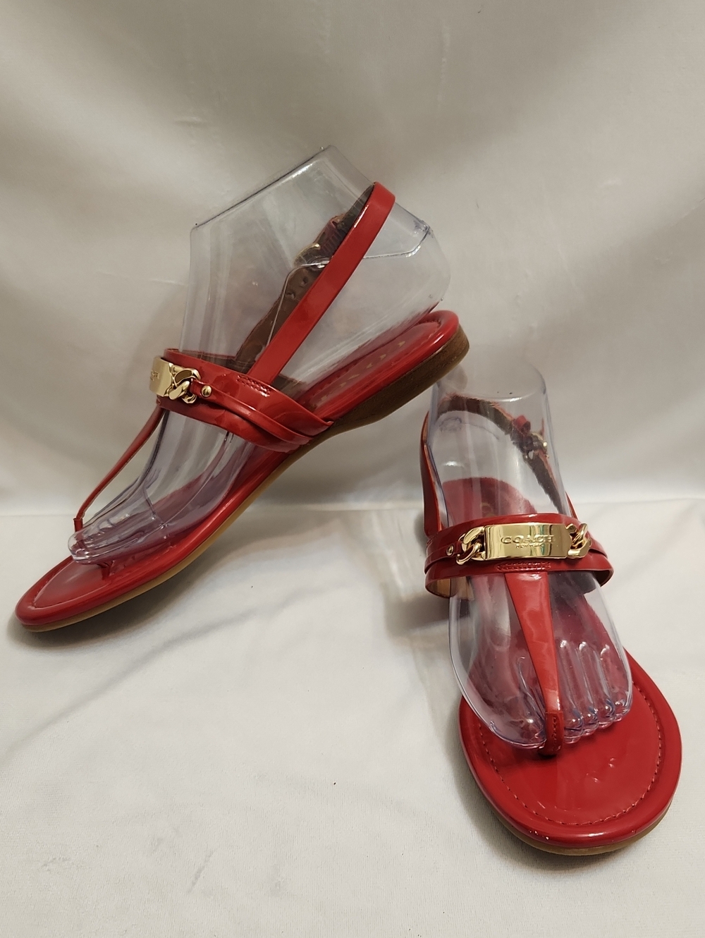 Coach Catherine Red Gold Glossy Patent Leather T-Strap Sandals (W Size 7) - Picture 2 of 11